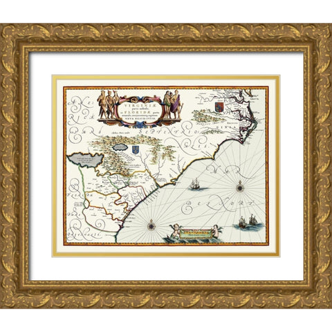 Virginia to Florida - Southeast Coast - 1640 Gold Ornate Wood Framed Art Print with Double Matting by Powhatan
