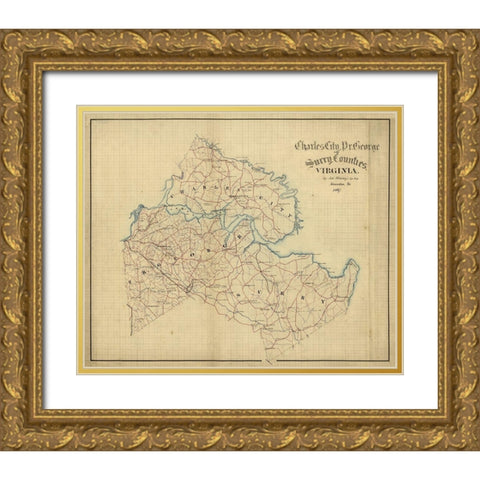 Surry County Virginia - Hotchkifs 1867 Gold Ornate Wood Framed Art Print with Double Matting by Hotchkifs