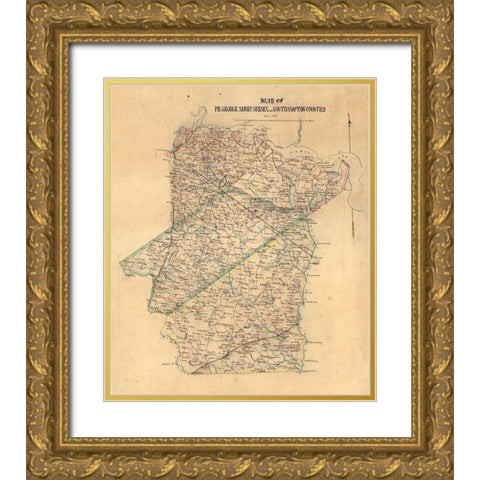 Sussex County Virginia - 1865 Gold Ornate Wood Framed Art Print with Double Matting by Unknown