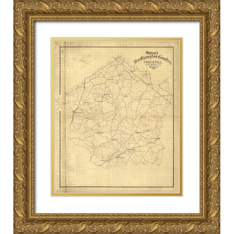 Sussex County Virginia - Hotchkiss 1867 Gold Ornate Wood Framed Art Print with Double Matting by Hotchkiss