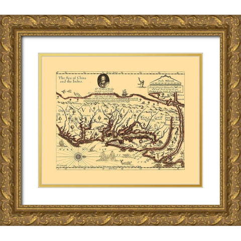 Virginia - Sir Francis Drakes - Hills Gold Ornate Wood Framed Art Print with Double Matting by Hills