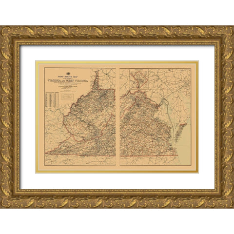 Virginia, West Virginia Postal Routes - USPS 1896 Gold Ornate Wood Framed Art Print with Double Matting by USPS