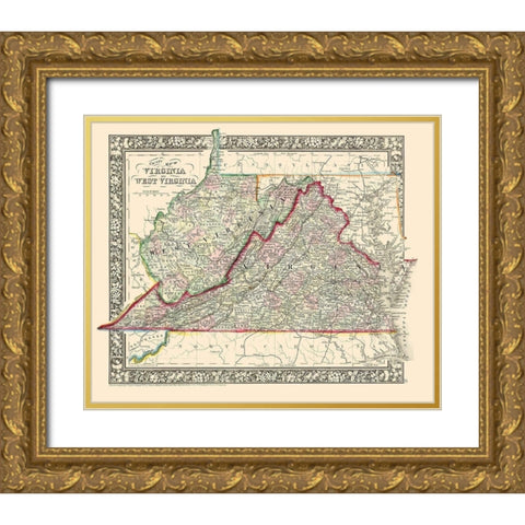 Virginia, West Virginia Counties - Mitchell 1863 Gold Ornate Wood Framed Art Print with Double Matting by Mitchell
