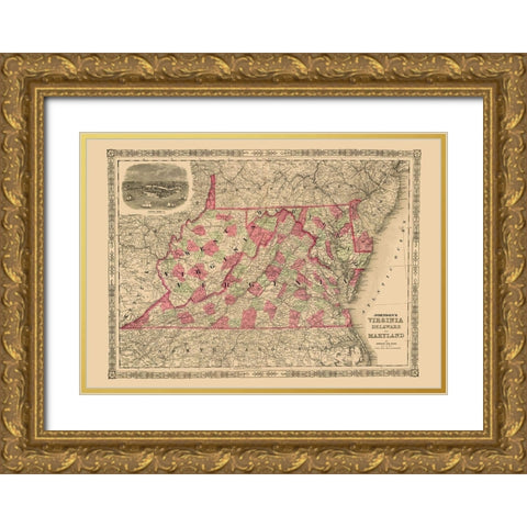 Virginia, Maryland, Delaware - Johnson 1864 Gold Ornate Wood Framed Art Print with Double Matting by Johnson