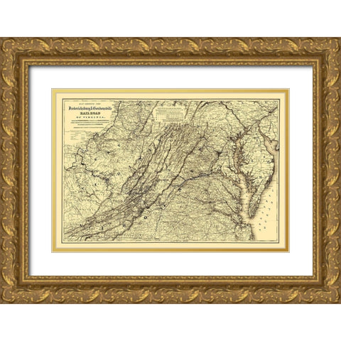 Fredericksburg and Gordonsville Virginia 1869 Gold Ornate Wood Framed Art Print with Double Matting by Colton