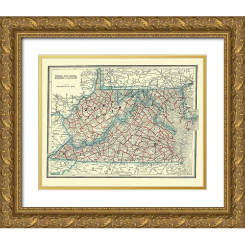 Virginia, West Virginia, Maryland, Delaware 1893 Gold Ornate Wood Framed Art Print with Double Matting by Rathbun