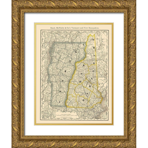 Vermont, New Hampshire - Rand McNally 1879 Gold Ornate Wood Framed Art Print with Double Matting by Rand McNally