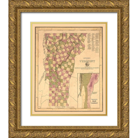 Vermont Geological - Thompson 1848 Gold Ornate Wood Framed Art Print with Double Matting by Thompson