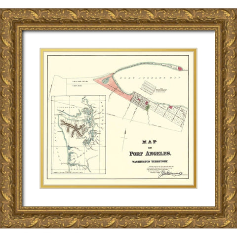 Port Angeles Washington - Ware 1891 Gold Ornate Wood Framed Art Print with Double Matting by Ware