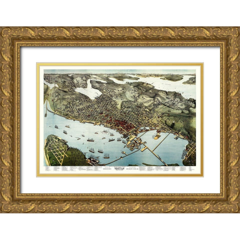 Seattle Washington - Hughes 1891 Gold Ornate Wood Framed Art Print with Double Matting by Hughes