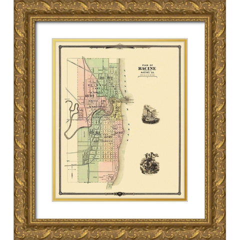 Racine Wisconsin - Snyder 1878 Gold Ornate Wood Framed Art Print with Double Matting by Snyder