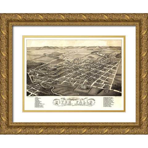 River Falls Wisconsin - Stoner 1880 Gold Ornate Wood Framed Art Print with Double Matting by Stoner