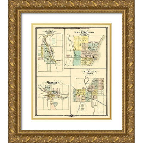 West Bend, Hartford Wisconsin - Snyder 1878 Gold Ornate Wood Framed Art Print with Double Matting by Snyder