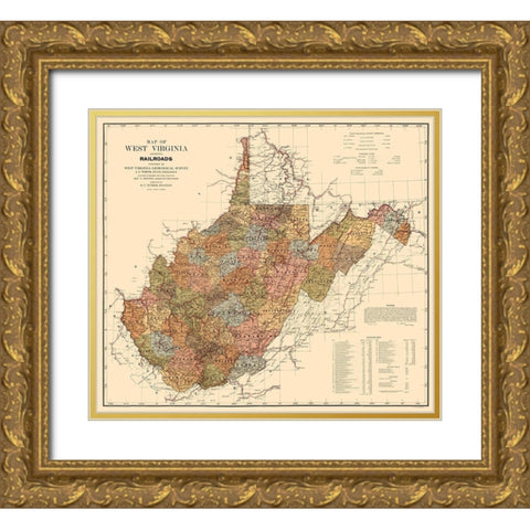 West Virginia Railroads - White 1917 Gold Ornate Wood Framed Art Print with Double Matting by White