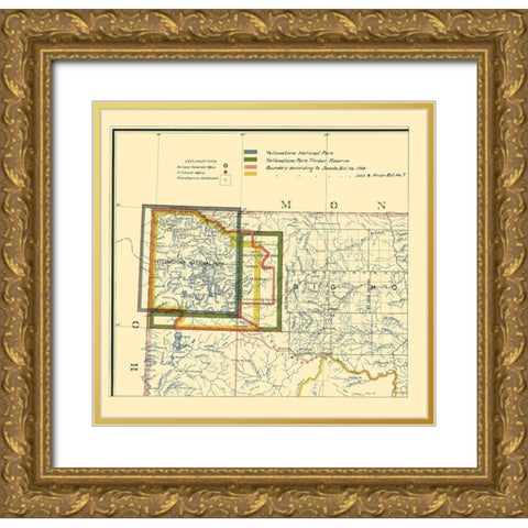 Yellowstone National Park Boundaries - 1895 Gold Ornate Wood Framed Art Print with Double Matting by Unknown