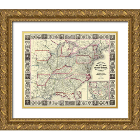United States, U.S.A. Travellers Guide - 1852 Gold Ornate Wood Framed Art Print with Double Matting by Phelps