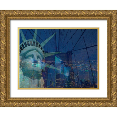 New York City Night Gold Ornate Wood Framed Art Print with Double Matting by Simons