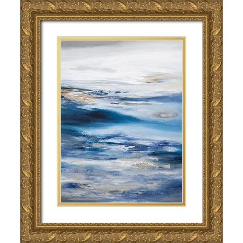 Abstract Seascape Dark Blue Gold Ornate Wood Framed Art Print with Double Matting by Hinz