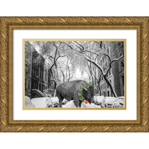 Buffalo Christmas Gold Ornate Wood Framed Art Print with Double Matting by Phillip, Jamie