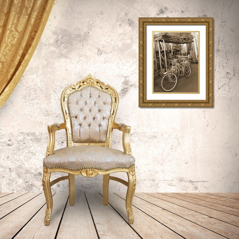 Sepia Bikes Gold Ornate Wood Framed Art Print with Double Matting by Phillip, Jamie