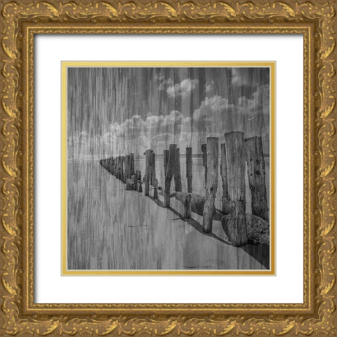 Black and White Beach Gold Ornate Wood Framed Art Print with Double Matting by Phillip, Jamie