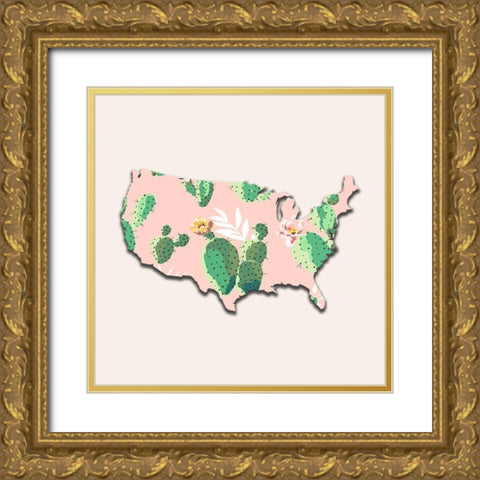 USA Map Gold Ornate Wood Framed Art Print with Double Matting by Phillip, Jamie