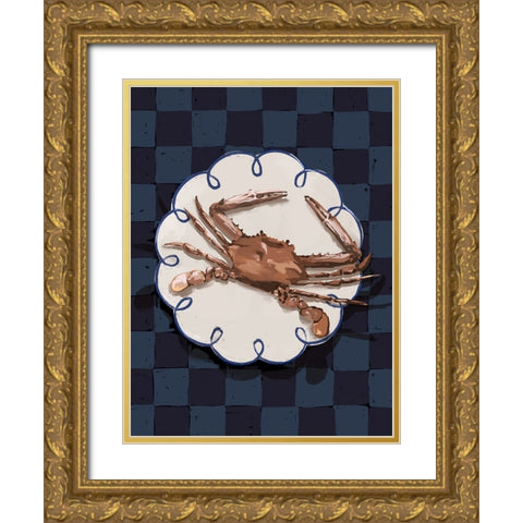 Crustacean Deep Blue Gold Ornate Wood Framed Art Print with Double Matting by Urban Road