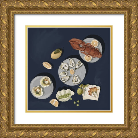 Family Gathering Deep Blue Gold Ornate Wood Framed Art Print with Double Matting by Urban Road