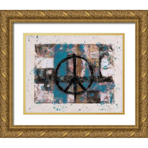 Teal PEACE Gold Ornate Wood Framed Art Print with Double Matting by Wiley, Marta