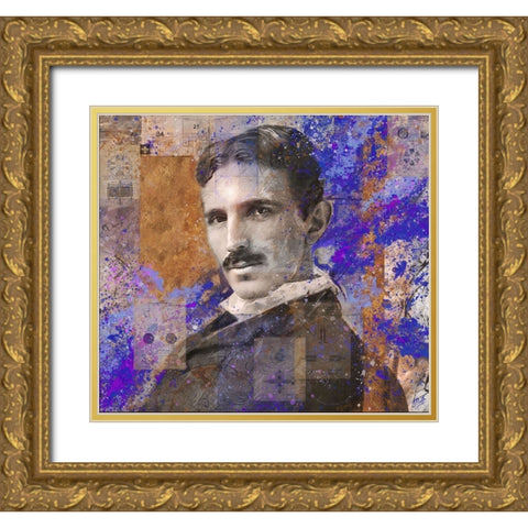 Tesla Blue Gold Ornate Wood Framed Art Print with Double Matting by Wiley, Marta