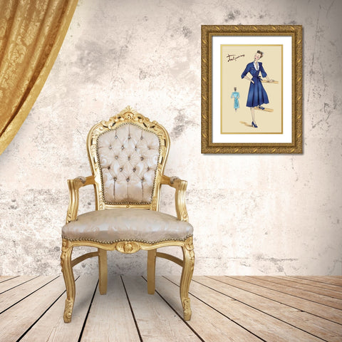 Blue Daytime Dress with Collar and Belt, 1947 Gold Ornate Wood Framed Art Print with Double Matting by Unknown