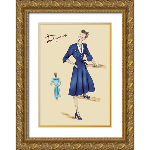 Blue Daytime Dress with Collar and Belt, 1947 Gold Ornate Wood Framed Art Print with Double Matting by Unknown