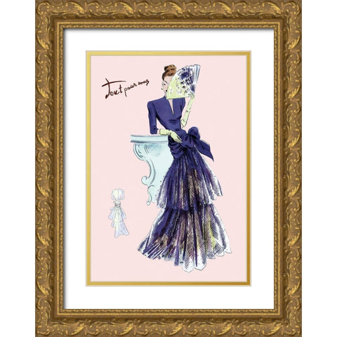 Royal Blue Evening Dress with Fan, 1947 Gold Ornate Wood Framed Art Print with Double Matting by Unknown