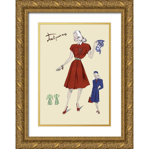 Dress, Coat and Scarf, 1947 Gold Ornate Wood Framed Art Print with Double Matting by Unknown