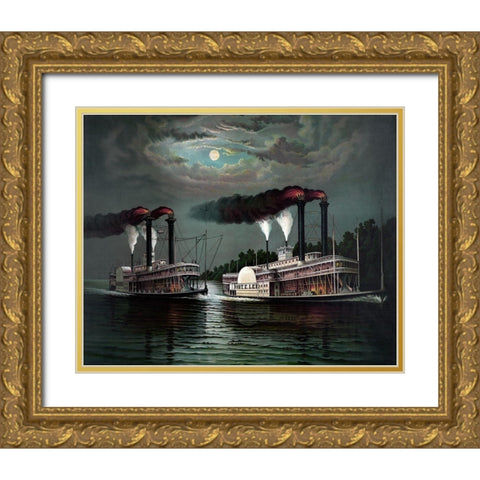 Race of the steamers Robert. E. Lee and Natchez on the Mississippi Gold Ornate Wood Framed Art Print with Double Matting by Donaldson