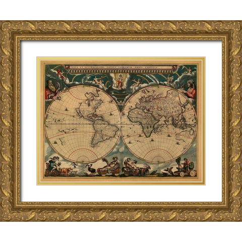 New and Accurate Map of the World Gold Ornate Wood Framed Art Print with Double Matting by Blaeu, Johannes