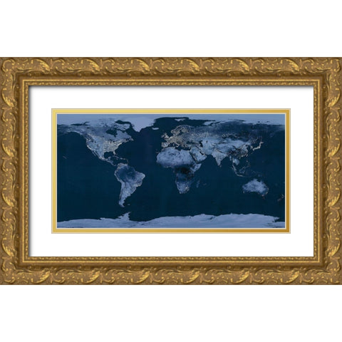 Satellite View of the World Showing Electric Lights and Usage Gold Ornate Wood Framed Art Print with Double Matting by Goddard Space Center