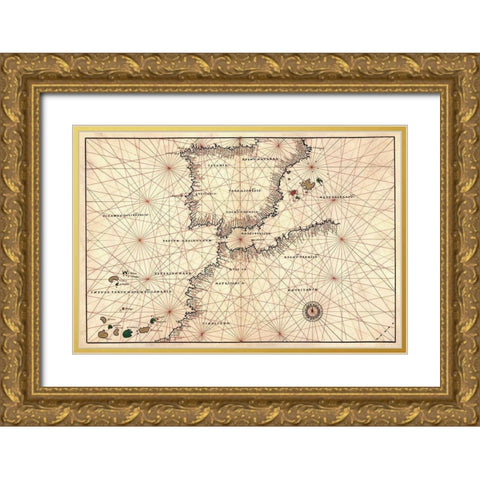 Portolan or Navigational Map of the Spain, Gibraltar and North Africa Gold Ornate Wood Framed Art Print with Double Matting by Agnese, Battista
