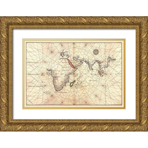 Portolan Map of Africa, the Indian Ocean and the Indian Subcontinent Gold Ornate Wood Framed Art Print with Double Matting by Agnese, Battista