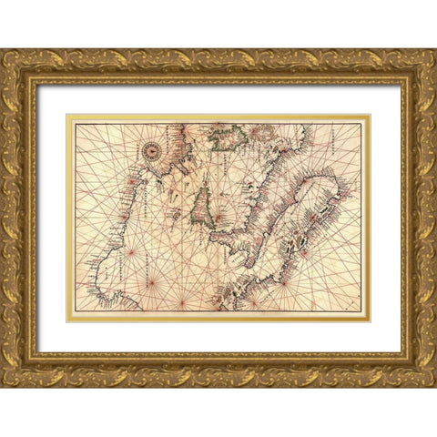 Portolan Map of Italy, Sicily, North Africa and the Mediterranean Gold Ornate Wood Framed Art Print with Double Matting by Agnese, Battista