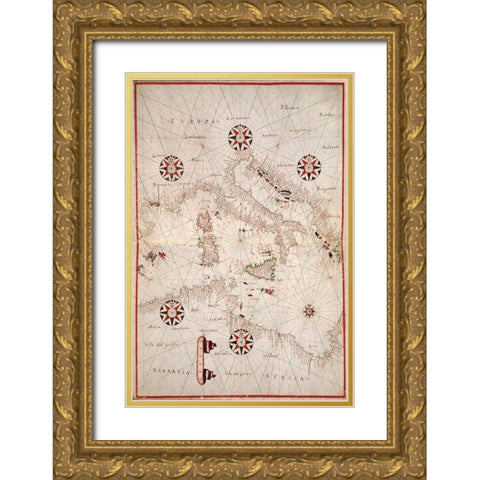 Portolan atlas of the Mediterranean Sea, western Europe, and the northwest coast of Africa - Central Gold Ornate Wood Framed Art Print with Double Matting by Oliva, Joan