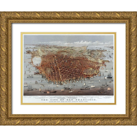 The City of San Francisco; Birds Eye View from the Bay Looking South-West Gold Ornate Wood Framed Art Print with Double Matting by Currier and Ives