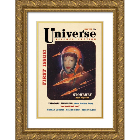 Universe Science Fiction: Rocket Girl Gold Ornate Wood Framed Art Print with Double Matting by Retrosci-fi