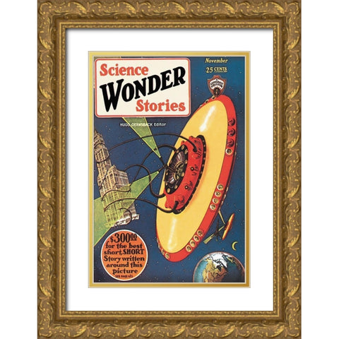 Retrosci-fi: Science Wonder Stories: Invasion of the Landmark Snatchers Gold Ornate Wood Framed Art Print with Double Matting by Paul, Frank R.