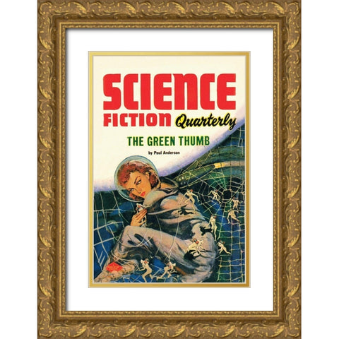 Science Fiction Quarterly: Little People of the Space Web Gold Ornate Wood Framed Art Print with Double Matting by Retrosci-fi