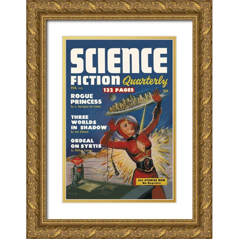 Science Fiction Quarterly: Attack of the Flying City Gold Ornate Wood Framed Art Print with Double Matting by Retrosci-fi