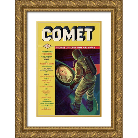 Comet: Beautiful Woman in Rocket Window Gold Ornate Wood Framed Art Print with Double Matting by Retrosci-fi