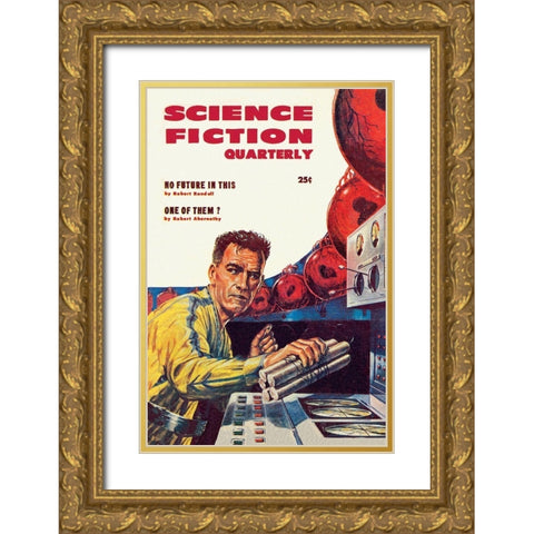 Science Fiction Quarterly: Setting Explosives Gold Ornate Wood Framed Art Print with Double Matting by Retrosci-fi