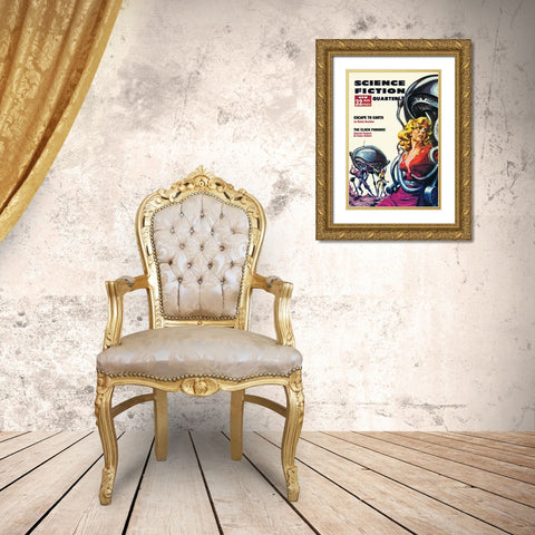 Science Fiction Quarterly: Robot Attack Gold Ornate Wood Framed Art Print with Double Matting by Retrosci-fi