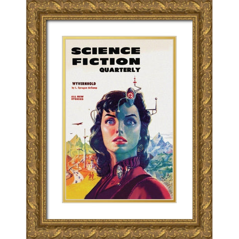 Science Fiction Quarterly: Woman with Forehead Transmitter Gold Ornate Wood Framed Art Print with Double Matting by Retrosci-fi